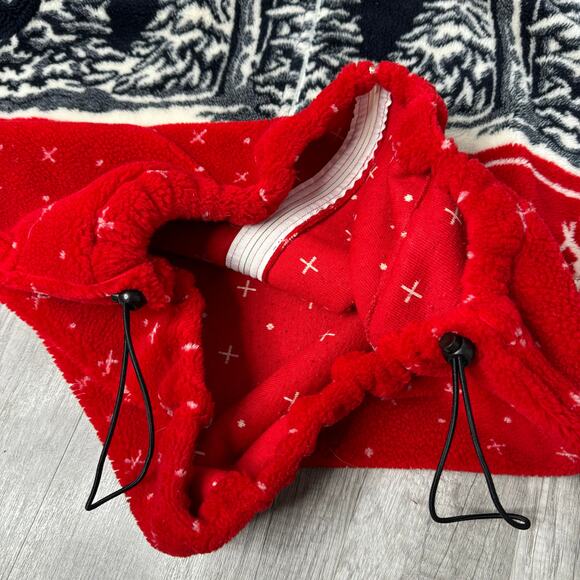 Vintage 90s Fleece Bomber Jacket Winter Landscape Tree Snowflake Red XL - Picture 5 of 8